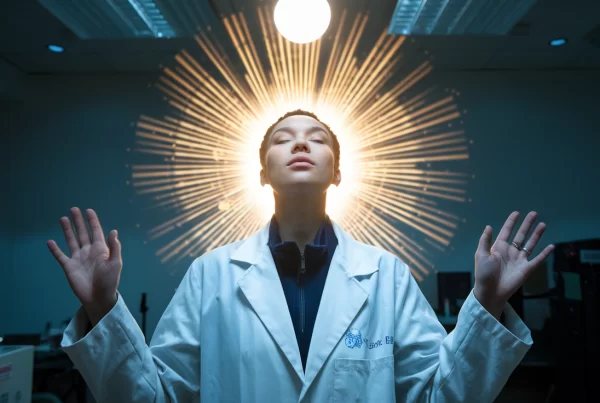 A photo of a person wearing a lab coat with a bright, radiating aura. The person has their eyes closed and their hands raised. The background is a dimly lit room with equipment. There is a glowing orb above the person's head.