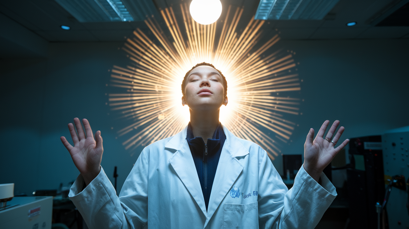 A photo of a person wearing a lab coat with a bright, radiating aura. The person has their eyes closed and their hands raised. The background is a dimly lit room with equipment. There is a glowing orb above the person's head.