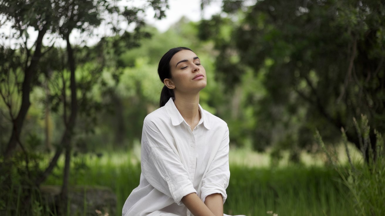 A photo of a woman sitting outdoors in a serene setting, with greenery all around. She is wearing a white shirt and has her eyes closed. Her posture is straight, and she is sitting on a rock. The background is filled with trees and greenery. The lighting is soft.