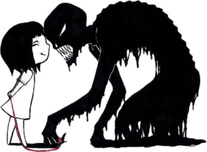A girl holding a red leash smiles at a large, menacing shadowy creature with sharp teeth.