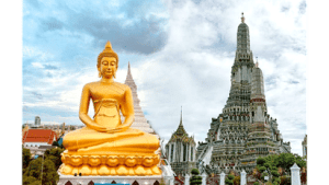 A large golden Buddha statue in front of ornate temple structures, including the tall central spire of Wat Arun in Bangkok, Thailand, under a partly cloudy sky.