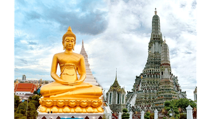 A large golden Buddha statue in front of ornate temple structures, including the tall central spire of Wat Arun in Bangkok, Thailand, under a partly cloudy sky.