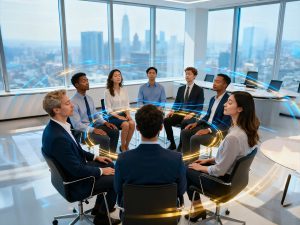 Eight people in business attire sit in a circle with eyes closed, appearing to meditate, with digital light effects encircling them in a modern office with large windows.