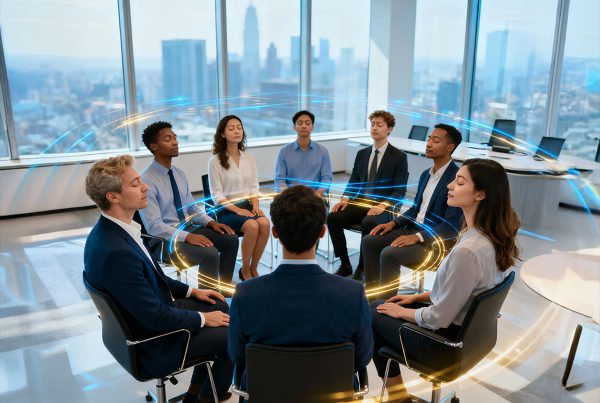 Eight people in business attire sit in a circle with eyes closed, appearing to meditate, with digital light effects encircling them in a modern office with large windows.