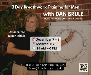 A man stands by a flipchart with diagrams, presenting at a breathwork training event for men, scheduled for December 7–9 in Monroe, NY. Event details and contact info are displayed.