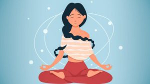 Illustration of a woman with long dark hair meditating in a cross-legged position, eyes closed, with abstract swirl lines and dots in the background.