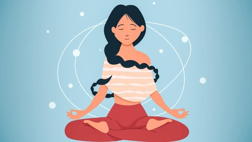 Illustration of a woman with long dark hair meditating in a cross-legged position, eyes closed, with abstract swirl lines and dots in the background.