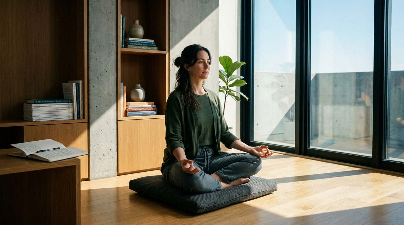 Practitioner meditating in a modern study surrounded by research texts and morning light, where the science of breathing meets 50 years of contemplative tradition
