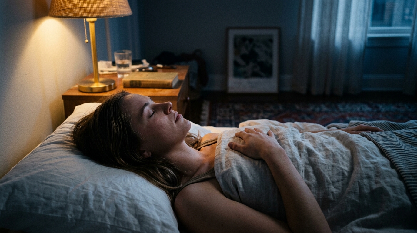 Close-up of hands resting on the ribcage and belly, feeling diaphragmatic breathing rise and fall — a core mechanic behind breathing techniques for anxiety at night