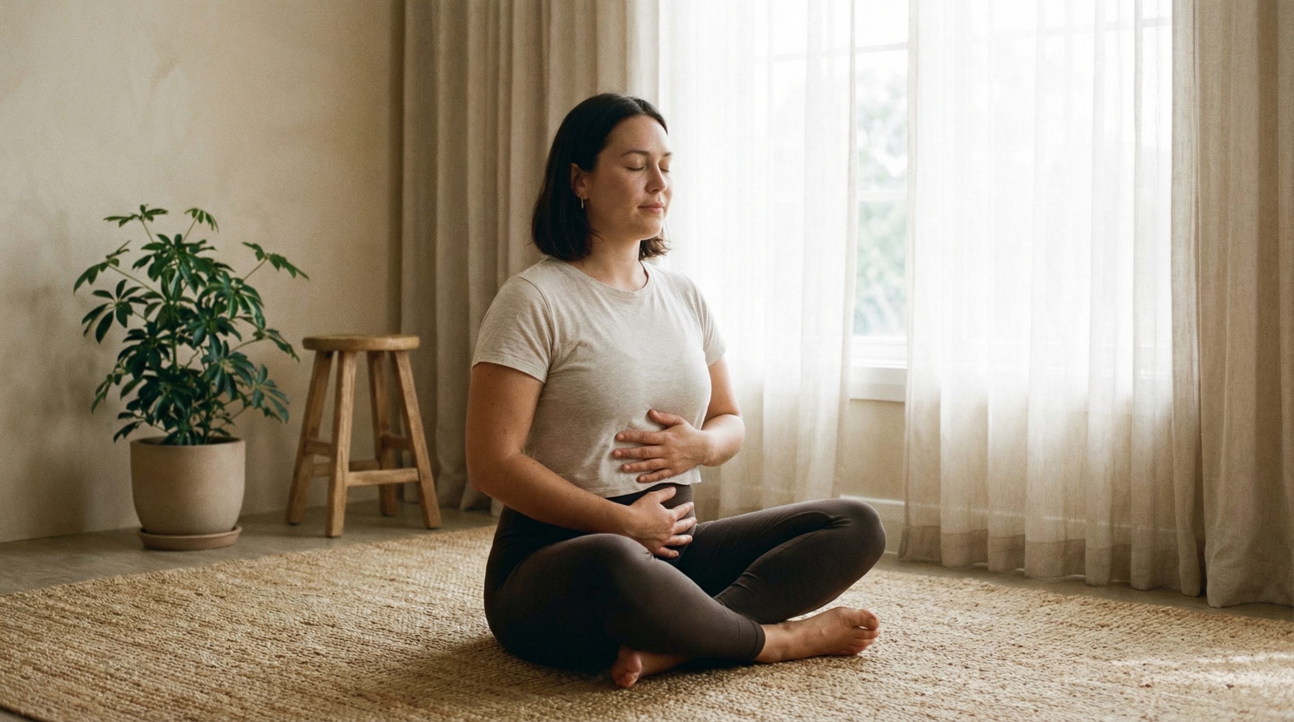 A woman sits cross-legged on a rug with her eyes closed, one hand on her chest and one on her abdomen, in a bright, minimal room with a plant and wooden stool.