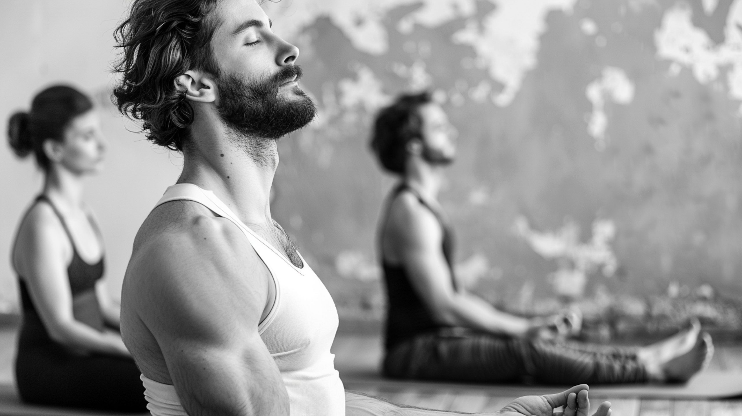 Three people sitting in a row, practicing meditation with eyes closed.